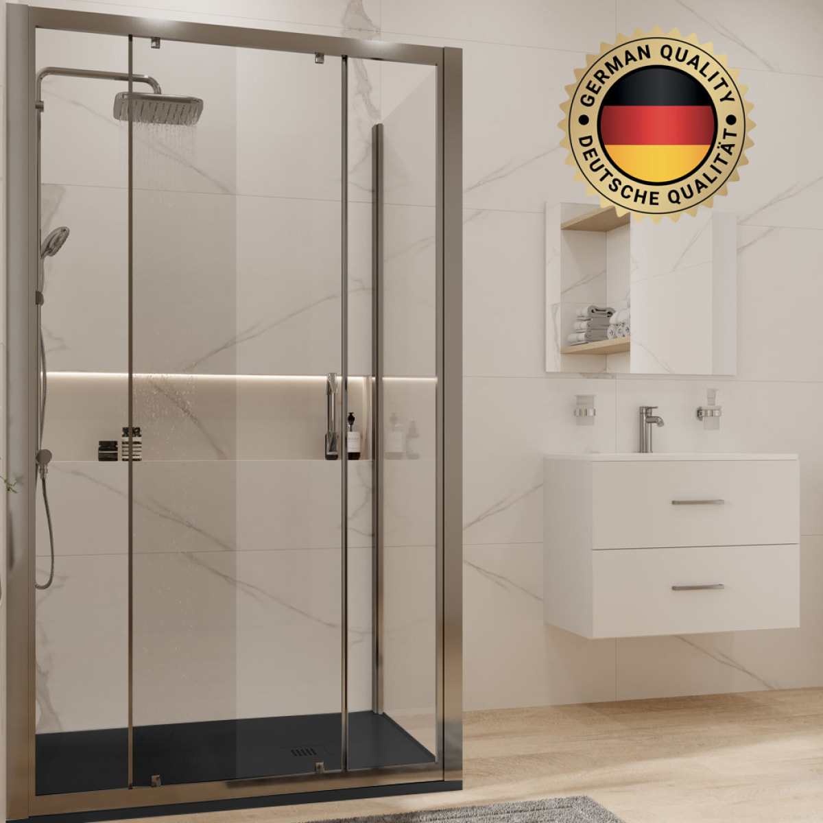 Pack : Porte coulissante 120cm + Paroi latérale 80cm +  Receveur 120x80cm Noir (Huppe2-12080BL)