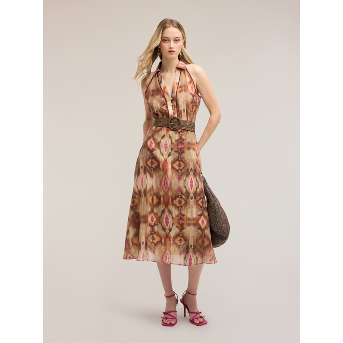 Motivi - Vestito chemisier in tela con stampa ikat - Marrone