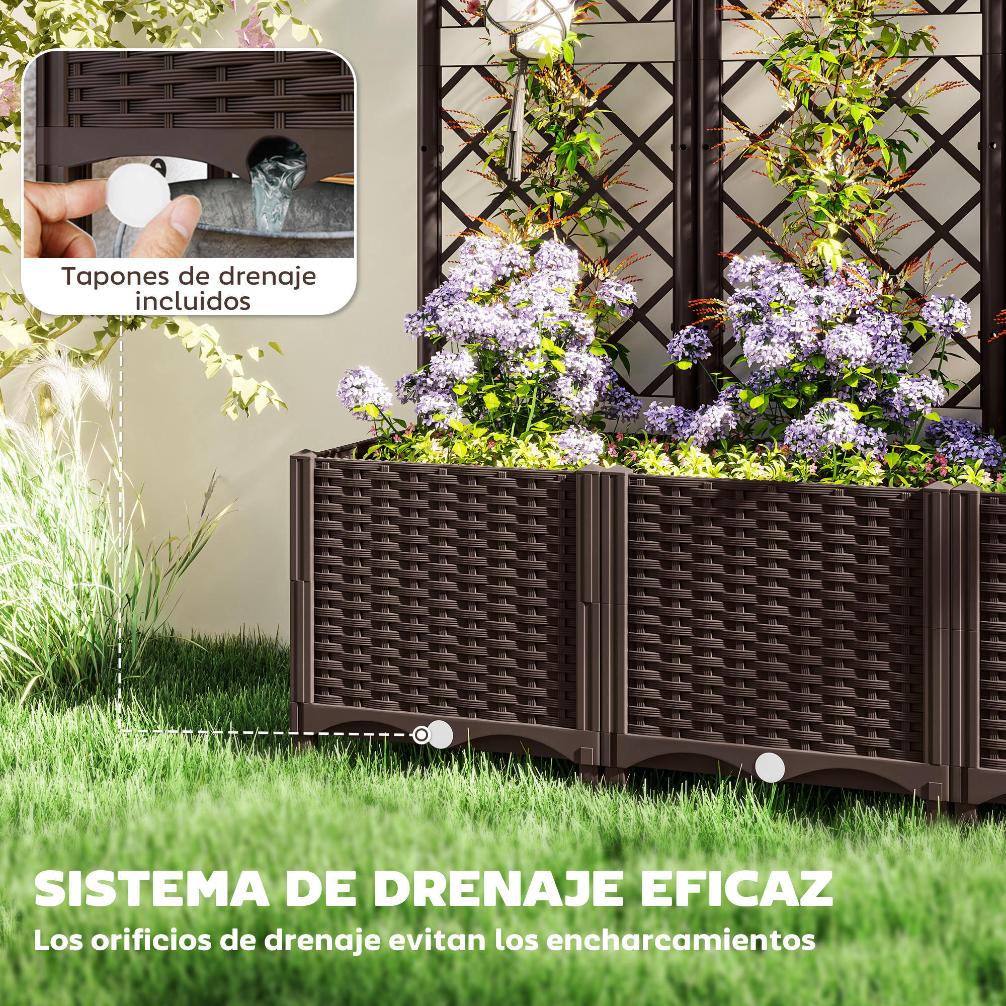 Jardinera con Enrejado de PP Jardinera Exterior Grande con Drenaje y Amplio Espacio para Plantas Trepadoras Macetero con Soporte para Jardín Patio Terraza 120x40x135 cm Marrón