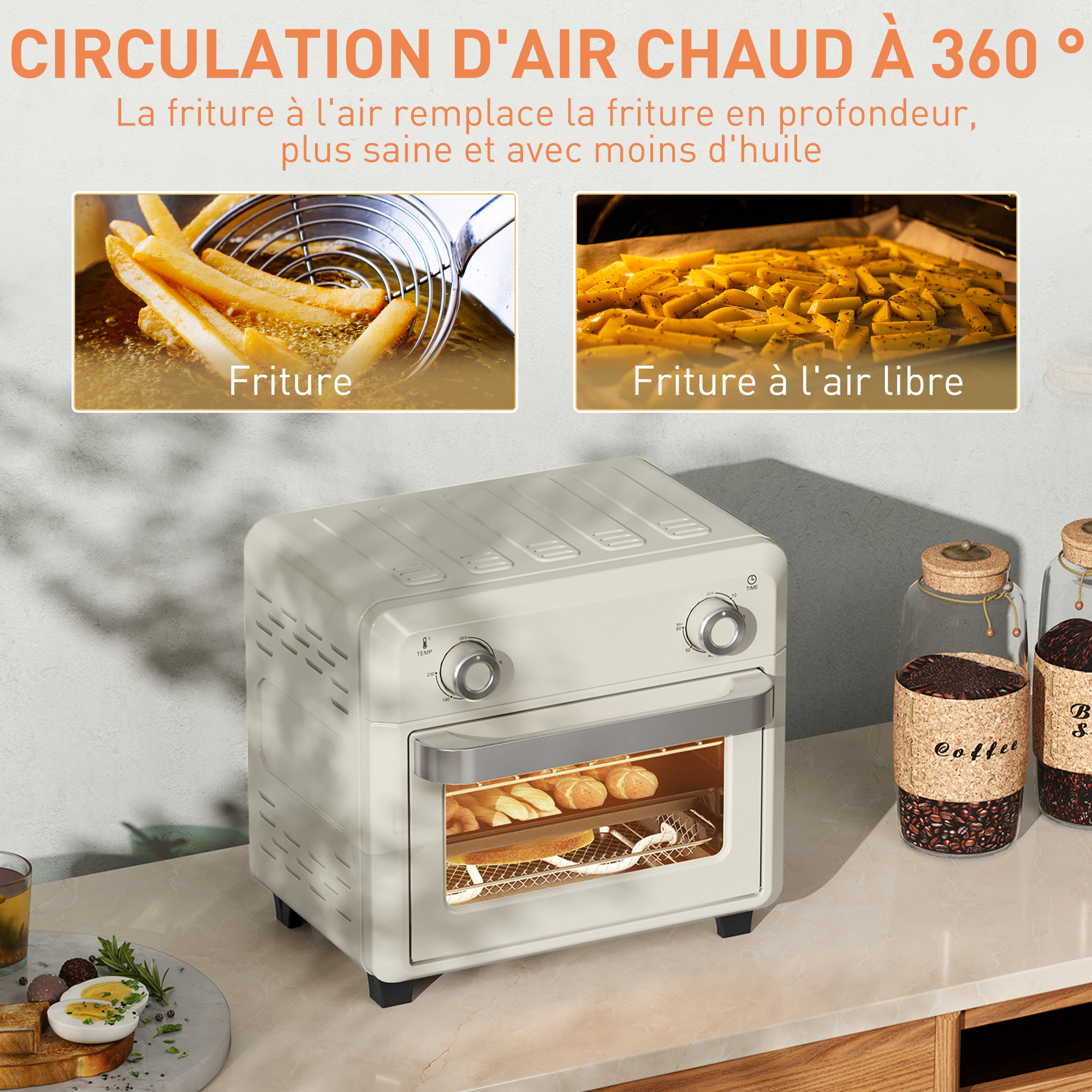 Friteuse à air mini four 1 000W 10L 80°C-230°C timer 5 accessoires inclus crème