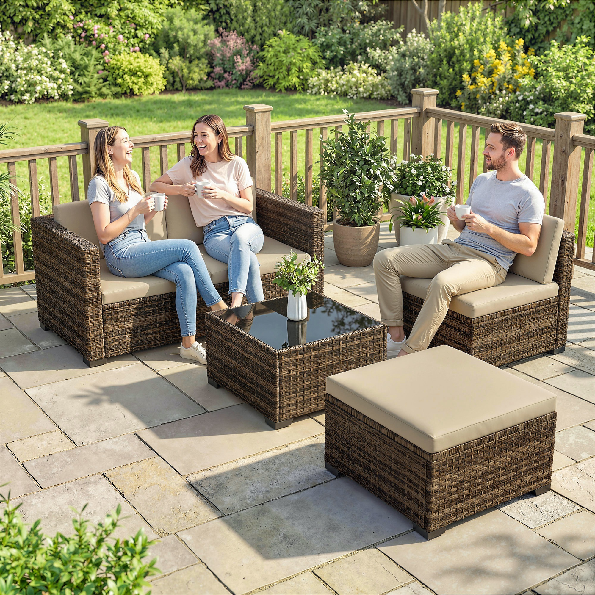 Conjunto de Jardín de Ratán de 5 Piezas, Conjunto Terraza Resistente, Muebles Jardín Exterior Incluye Cojines, 2 Sillones de Esquina, Sillón sin Brazos, Reposapiés y Mesa Centro, Caqui
