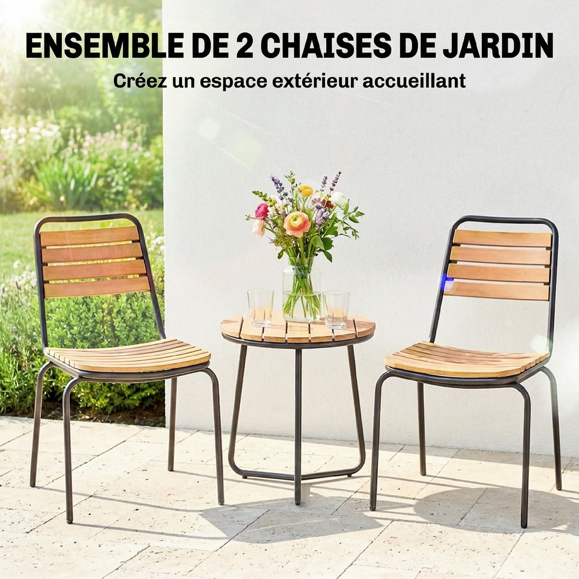 Lot de 2 chaises de jardin empilables acier noir bois eucalyptus pré-huilé