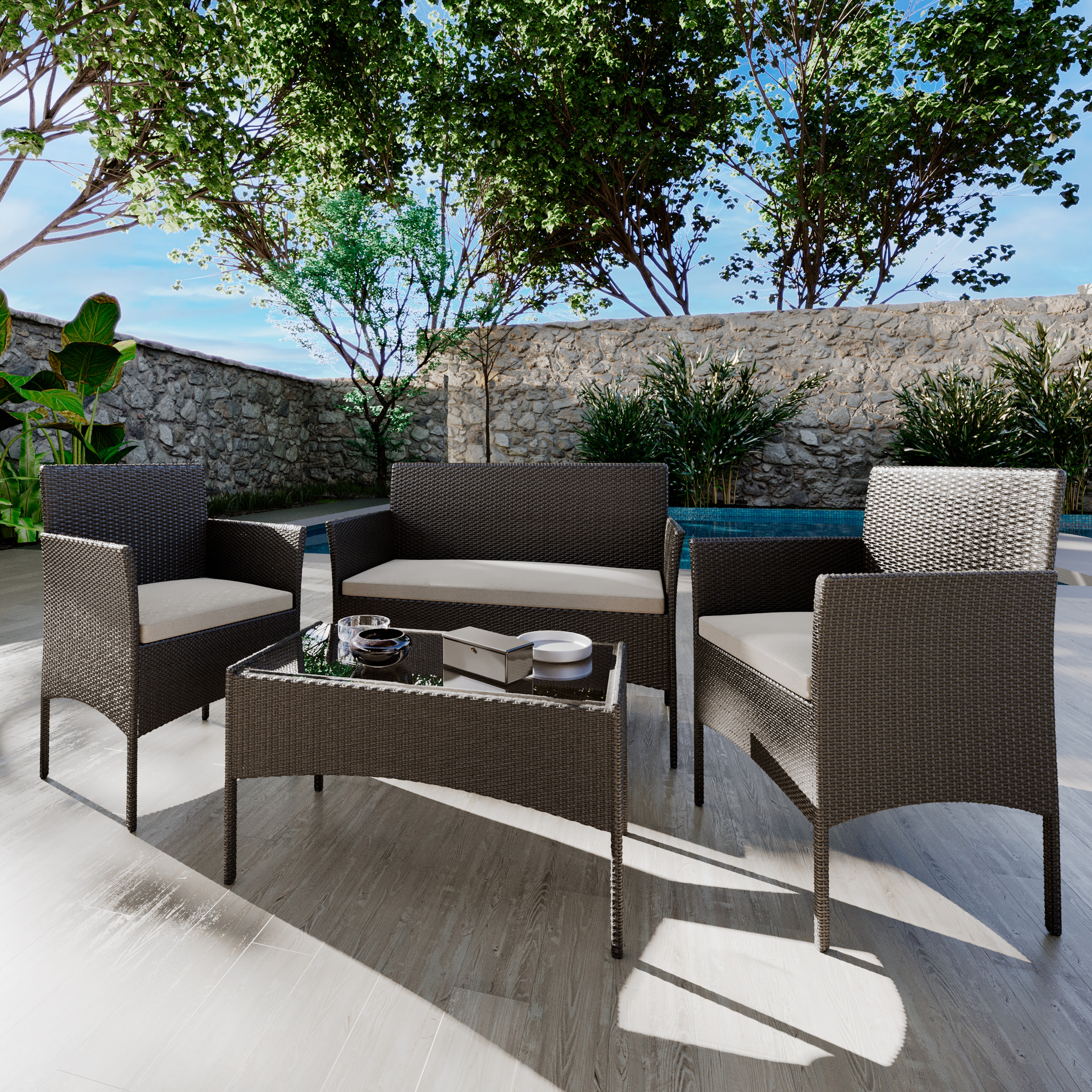 Set Di Mobili da Giardino Salotto Salottino in Rattan 4 Posti con Tavolino E Ripiano In Vetro 2 Poltrone e Divano 2 Posti Per Giardino Esterno Piscina Cuscini Sfoderabili Colore Nero