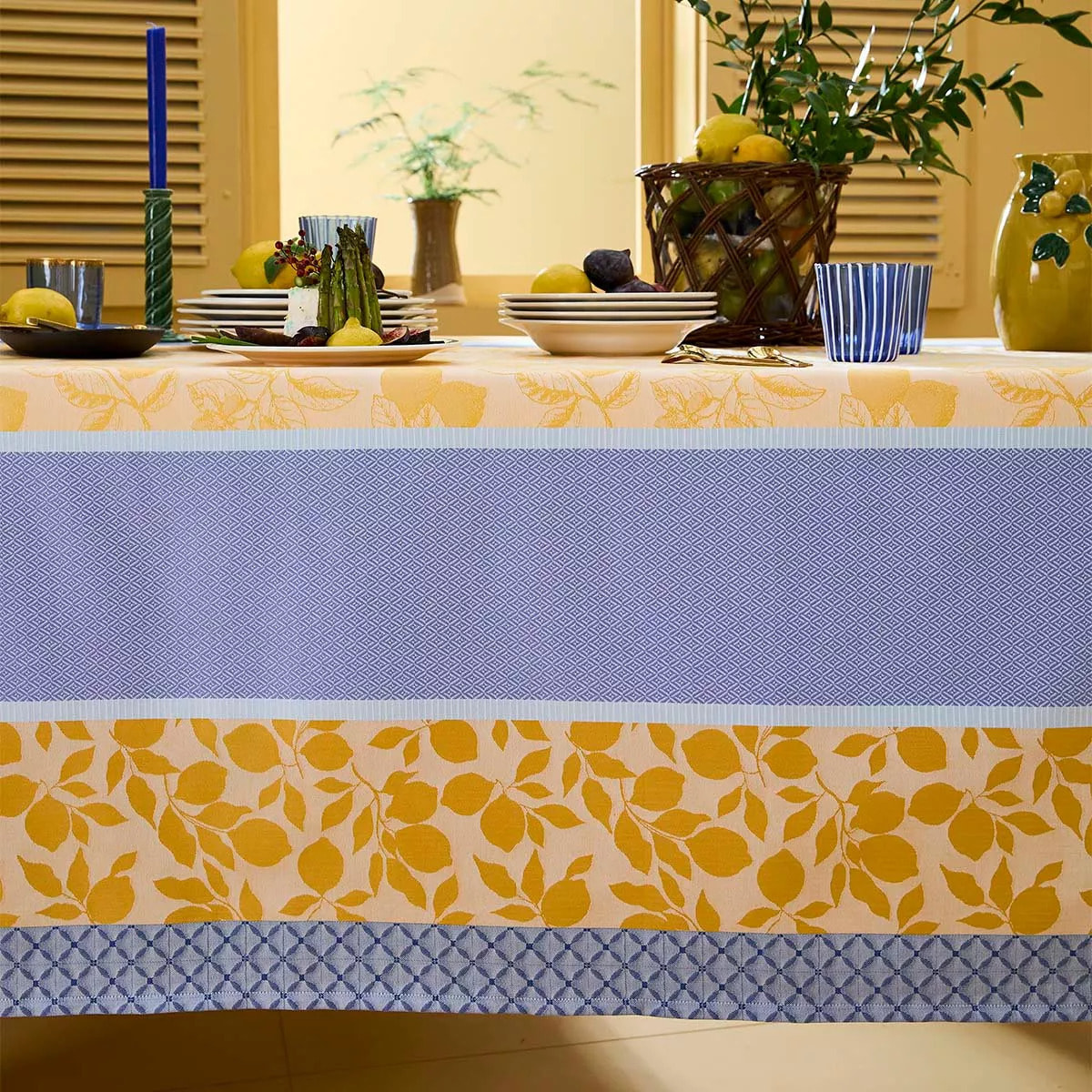 Nappe pur coton 220 g/m² motif jacquard bleu jaune Mille citrons provence