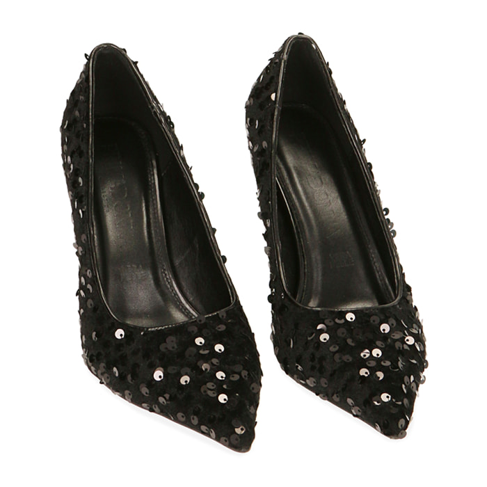 Salon negro con lentejuelas, tacón de 9,5 cm