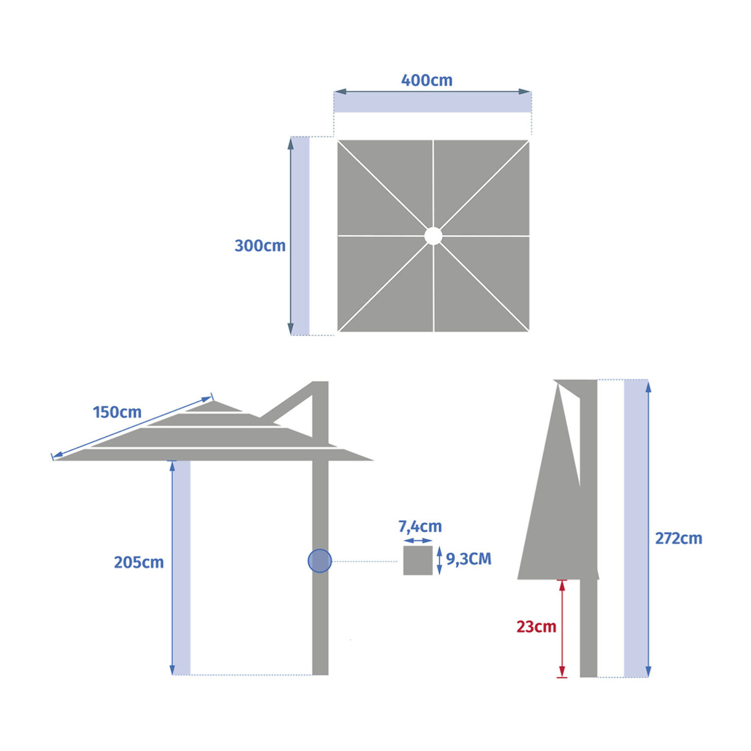Parasol déporté rectangulaire multi-toile "Melhia" Bleu canard 4 x 3m en aluminium acier et oléfine