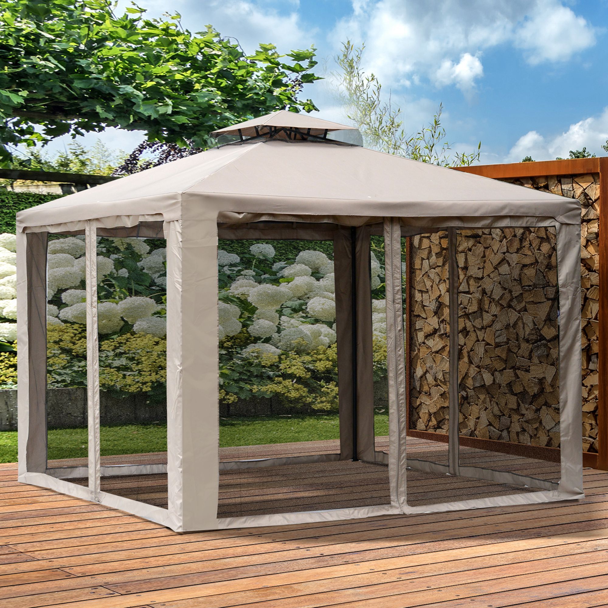 Cenador de Jardín 3x3m con Doble Techo 4 Cortinas Mosquiteras para Patio Marrón