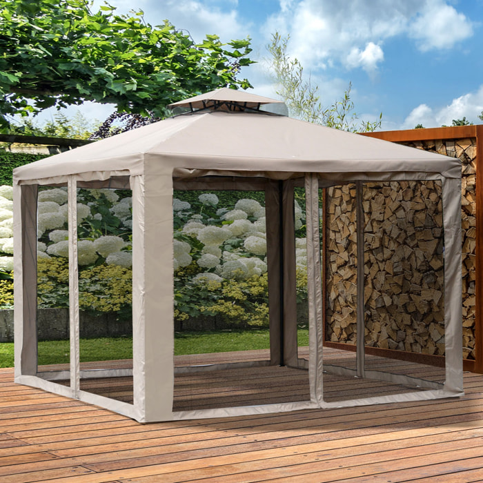 Cenador de Jardín 3x3m con Doble Techo 4 Cortinas Mosquiteras para Patio Marrón