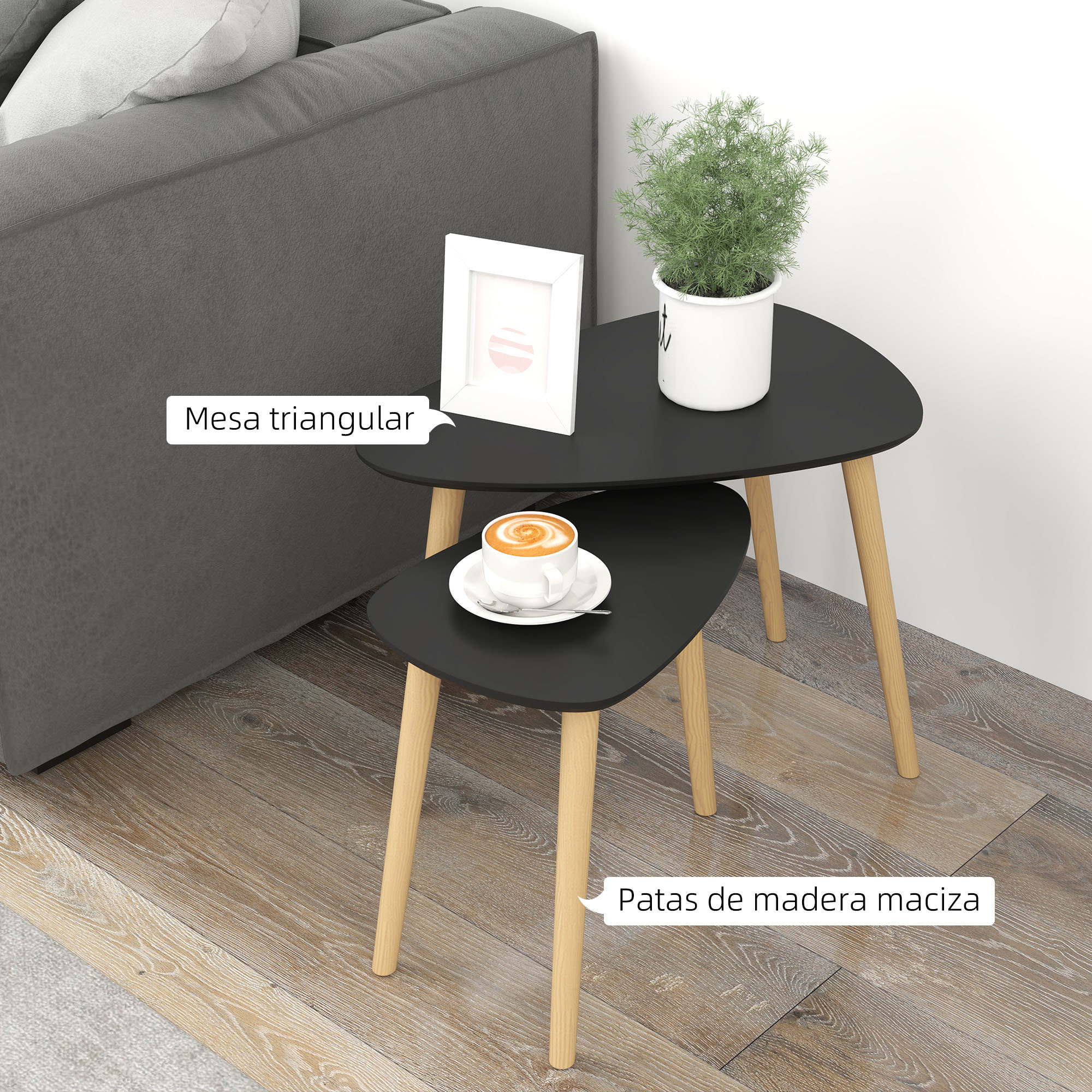 Juego de 2 Mesas de Centro, Mesa Nido Moderna, Mesitas Auxiliares, Patas de Madera de Pino, para Salón, Dormitorio, Oficina, Negro