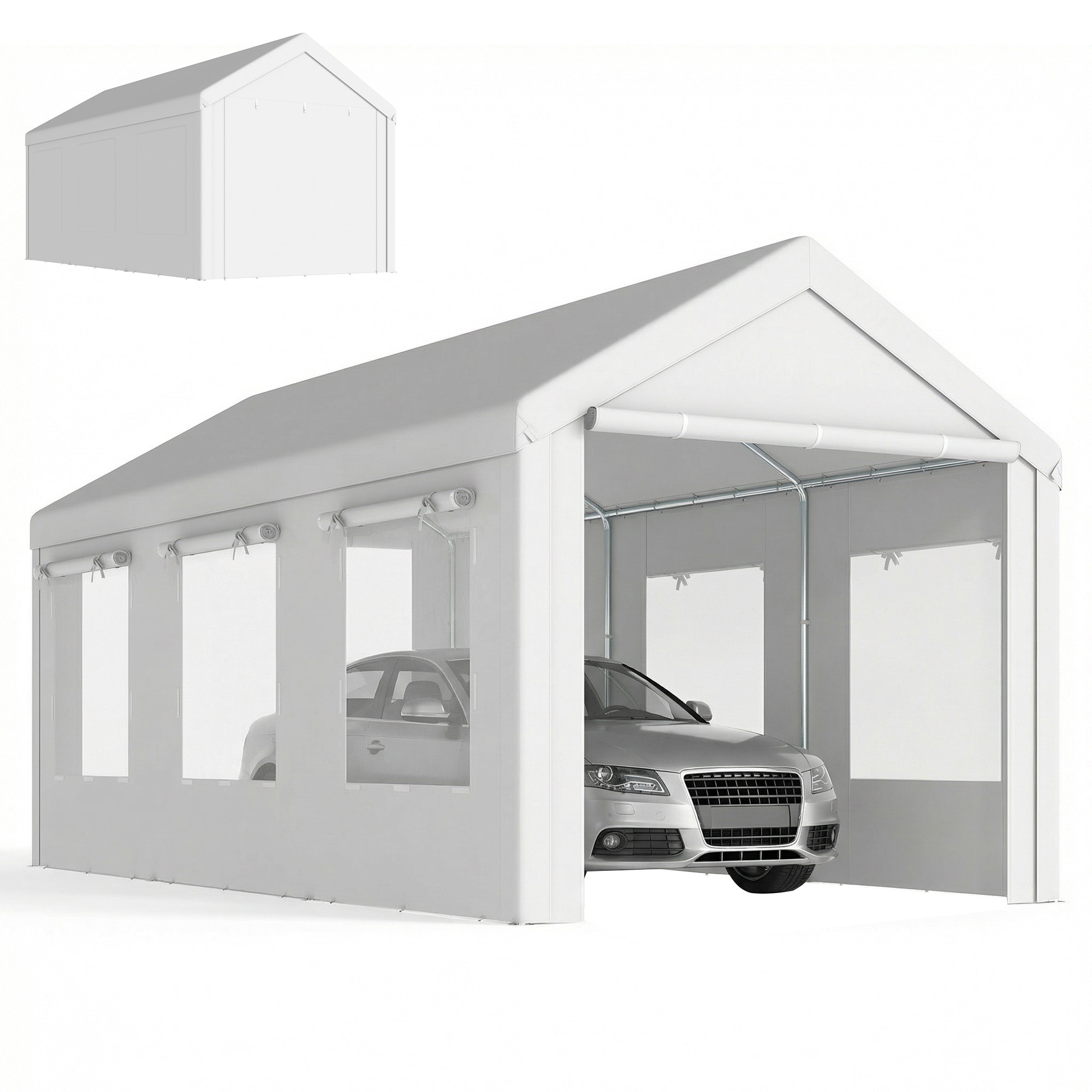 Carpa Garaje Portátil 3x6 m, Garaje Exterior para Coche Impermeable con 2 Puertas Enrollables y 6 Ventanas, Altura Ajustable, Marco Acero Galvanizado, UPF30+, Cobertizo de Almacenaje, Blanco