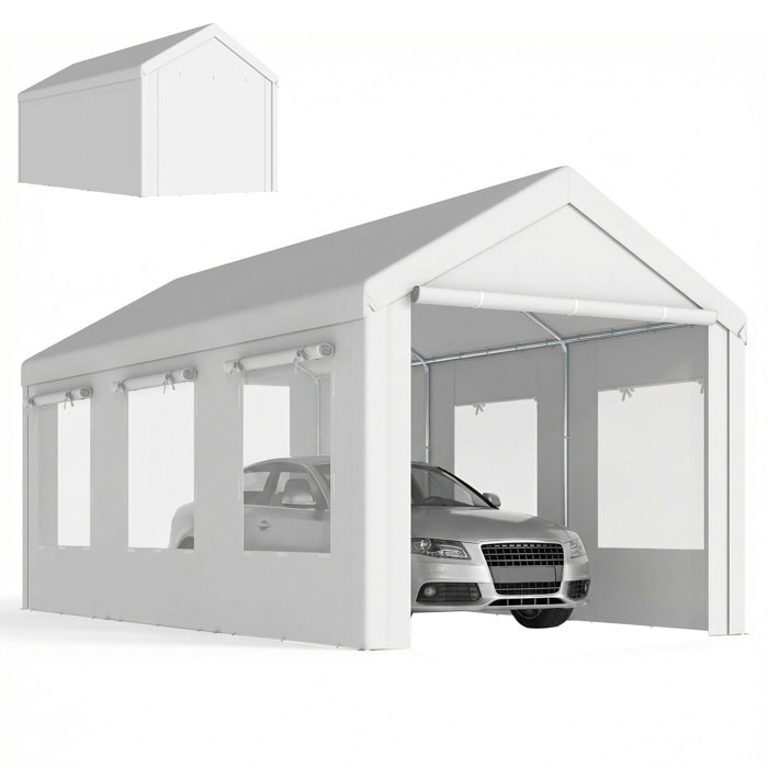 Carpa Garaje Portátil 3x6 m, Garaje Exterior para Coche Impermeable con 2 Puertas Enrollables y 6 Ventanas, Altura Ajustable, Marco Acero Galvanizado, UPF30+, Cobertizo de Almacenaje, Blanco
