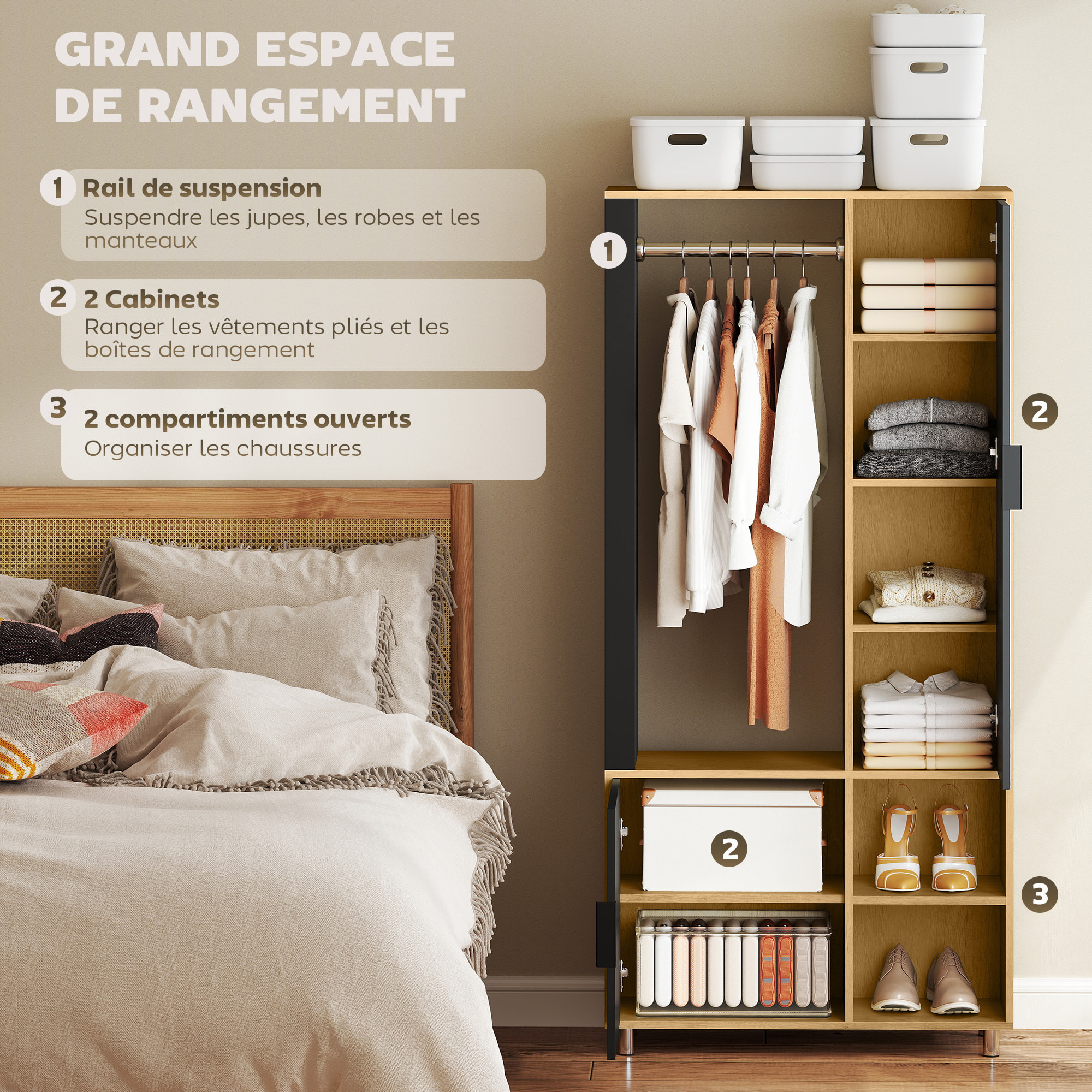Armoire de chambre penderie dressing miroir design 2 portes, 4 étagères, 2 niches, tringle