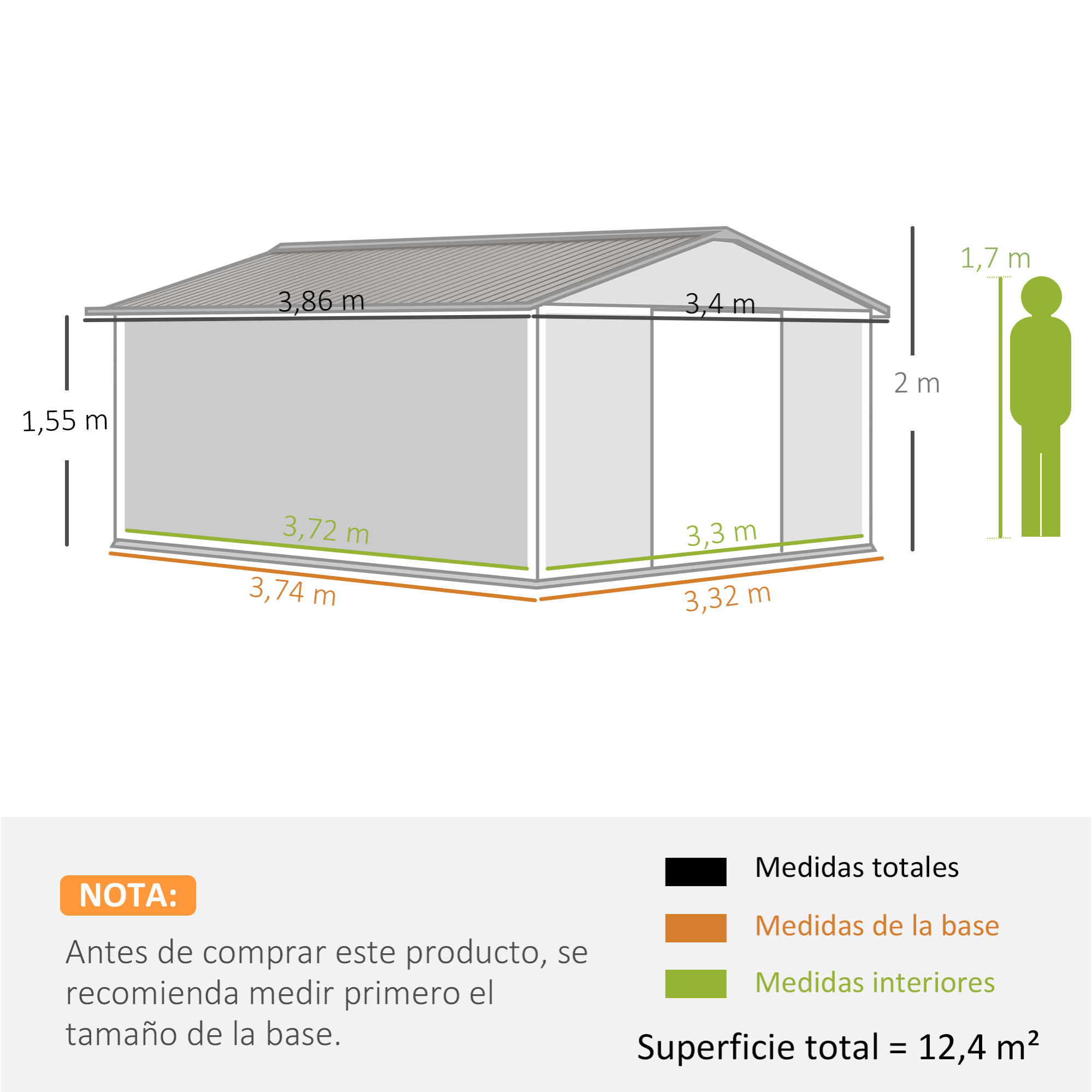 Caseta de Jardín Exterior 12,4 m² 340x386x200 cm Cobertizo de Jardín Exterior con Puerta Corredera Techo Inclinado Base Refuerzo (Suelo NO Incluido) y 4 Ventanas para Patio Terraza Blanco