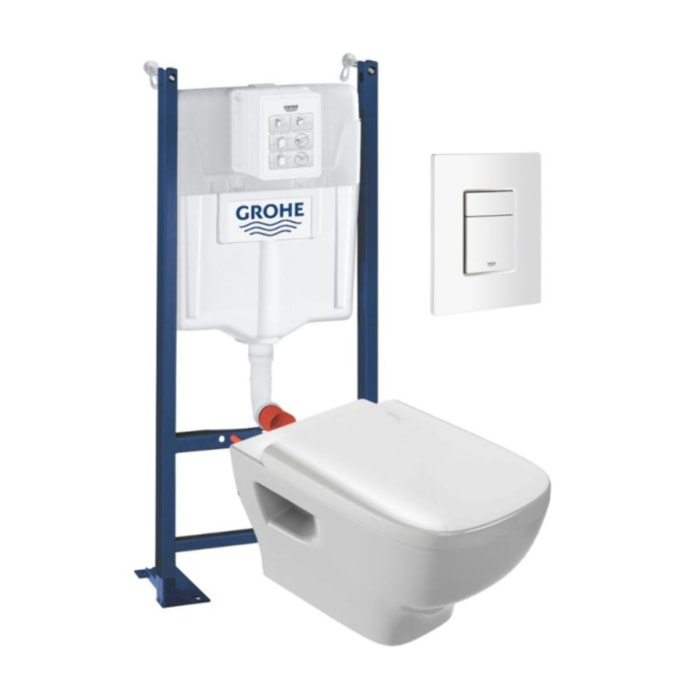 WC suspendu sans bride Jacob Delafon Struktura + abattant + Bâti support + Even Plaque de commande WC carré blanc