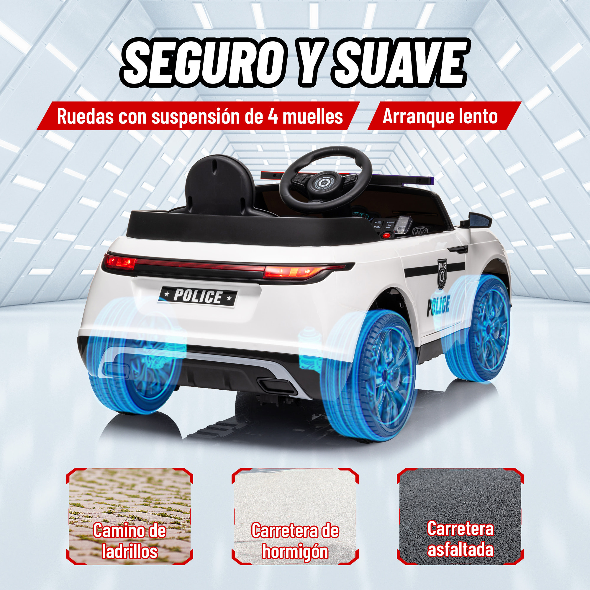 Coche Eléctrico para Niños de +3 Años Carro Eléctrico Infantil de Policía con Batería 12V Mando a Distancia Faros Bocina Sirena Música y Rueda de Entrenamiento Blanco