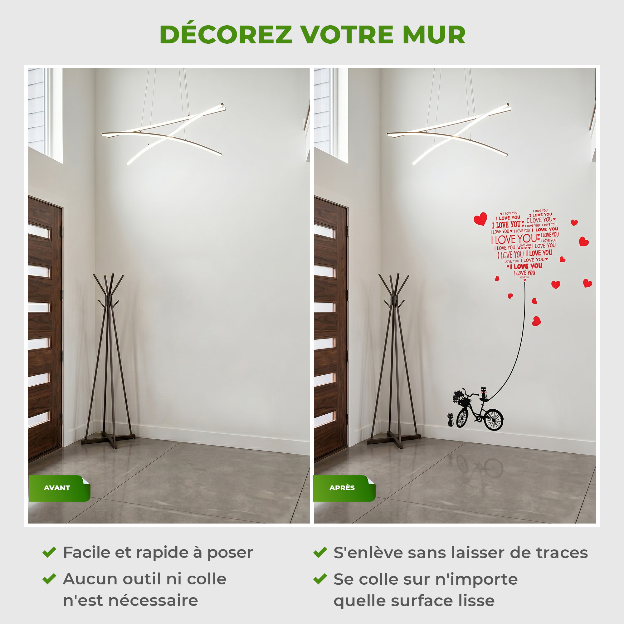 Stickers Muraux décoration adhésifs Love You avec chats et vélo