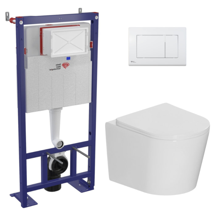 Pack WC bâti-support autoportant + WC suspendu sans bride + abattant SoftClose + plaque blanche (SMRTCETOR270)