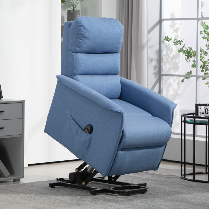 Fauteuil de relaxation électrique télécommande - fauteuil releveur inclinable, repose-pied ajustable - tissu polyester aspect lin bleu