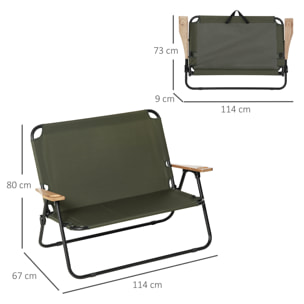 Banc 2 places pliable de camping - accoudoirs bois, porte-gobelets - acier noir Oxford vert