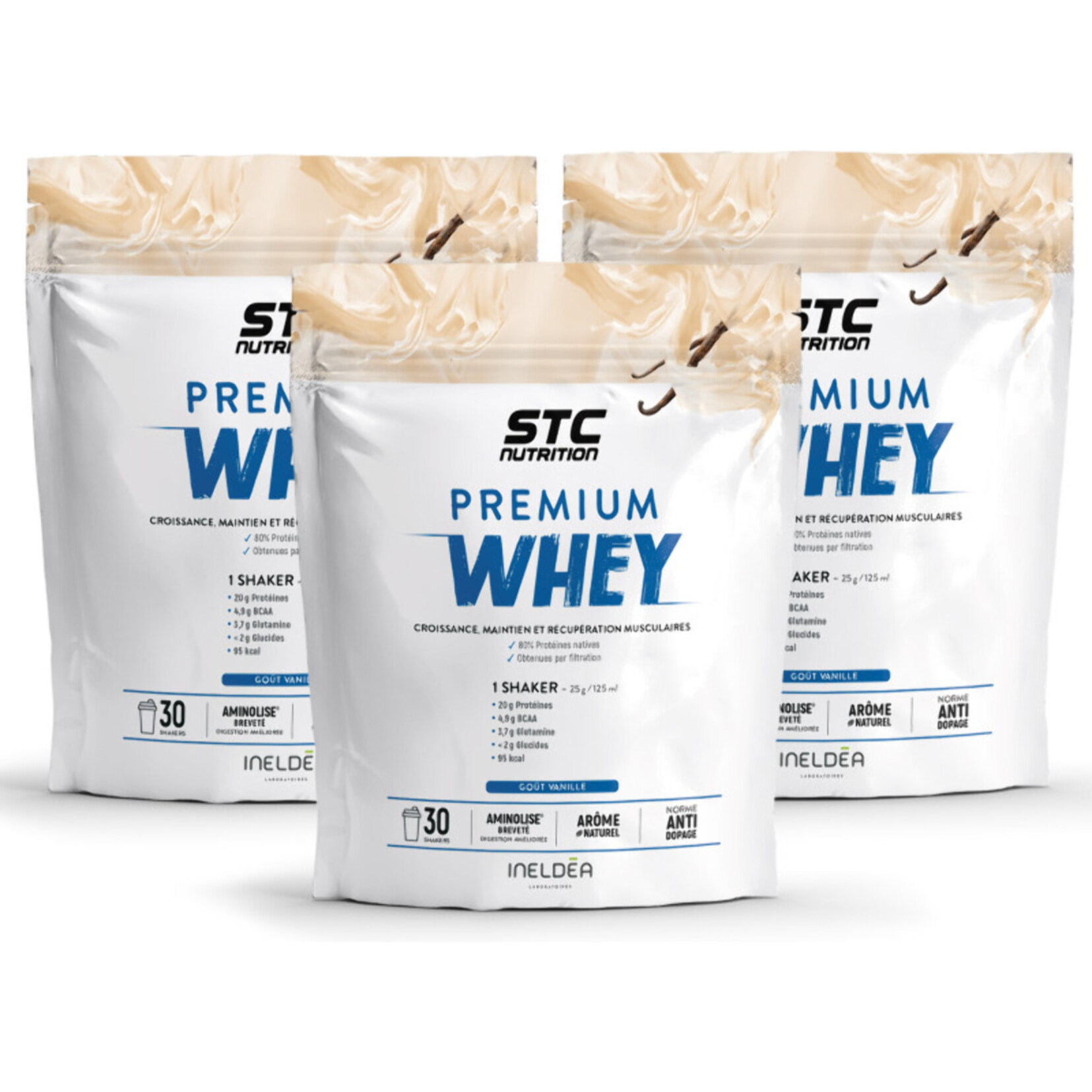 STC NUTRITION - Premium Whey - 80% de protéines natives de lactosérum - Croissance, maintien et réparation musculaires - Digestion facile - Doypack 750g - Vanille - Lot de 3