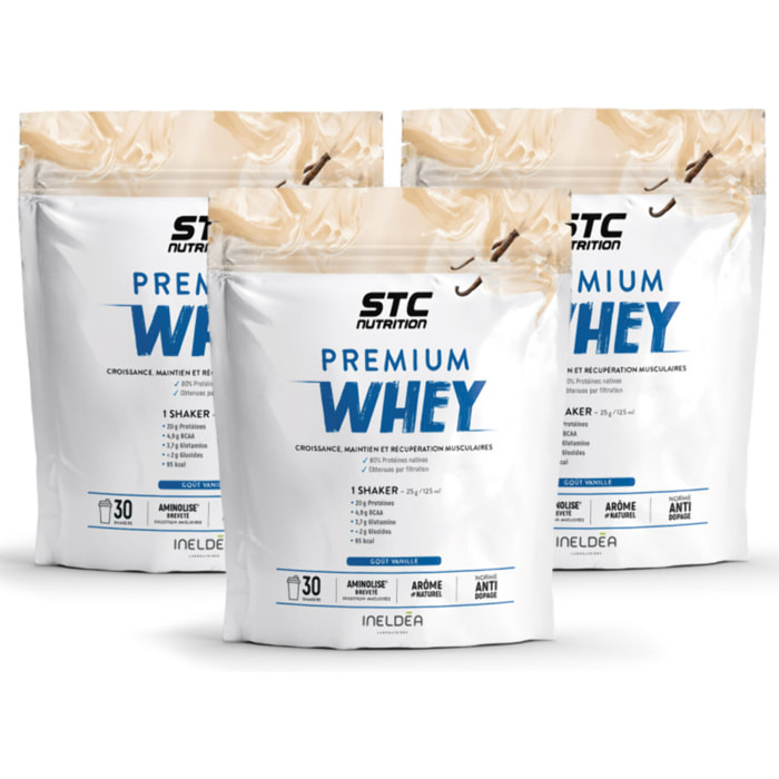 STC NUTRITION - Premium Whey - 80% de protéines natives de lactosérum - Croissance, maintien et réparation musculaires - Digestion facile - Doypack 750g - Vanille - Lot de 3