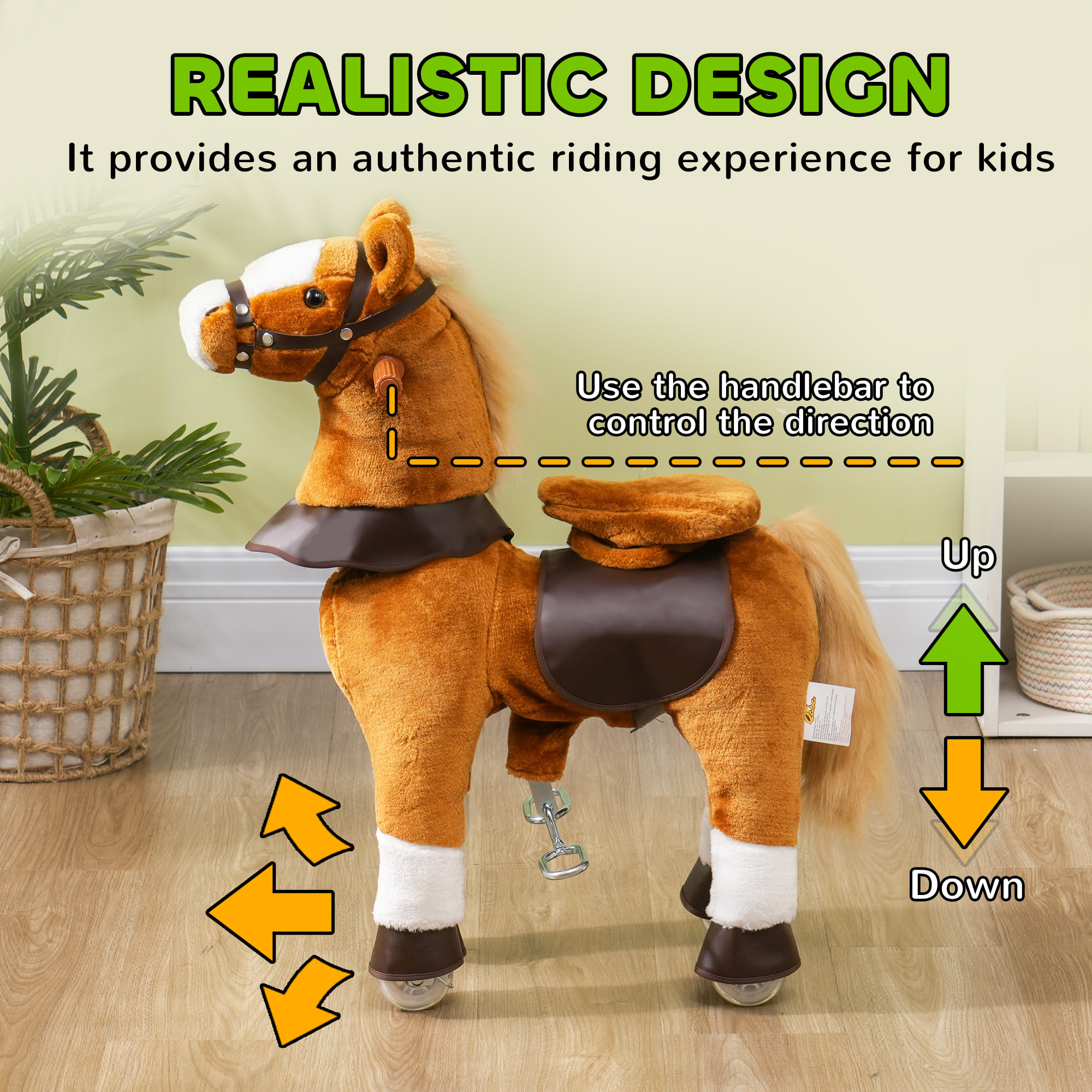 Porteur cheval pour enfant +3 ans cheval debout en peluche 4 roulettes effet sonore marron blanc