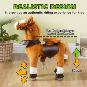 Porteur cheval pour enfant +3 ans cheval debout en peluche 4 roulettes effet sonore marron blanc
