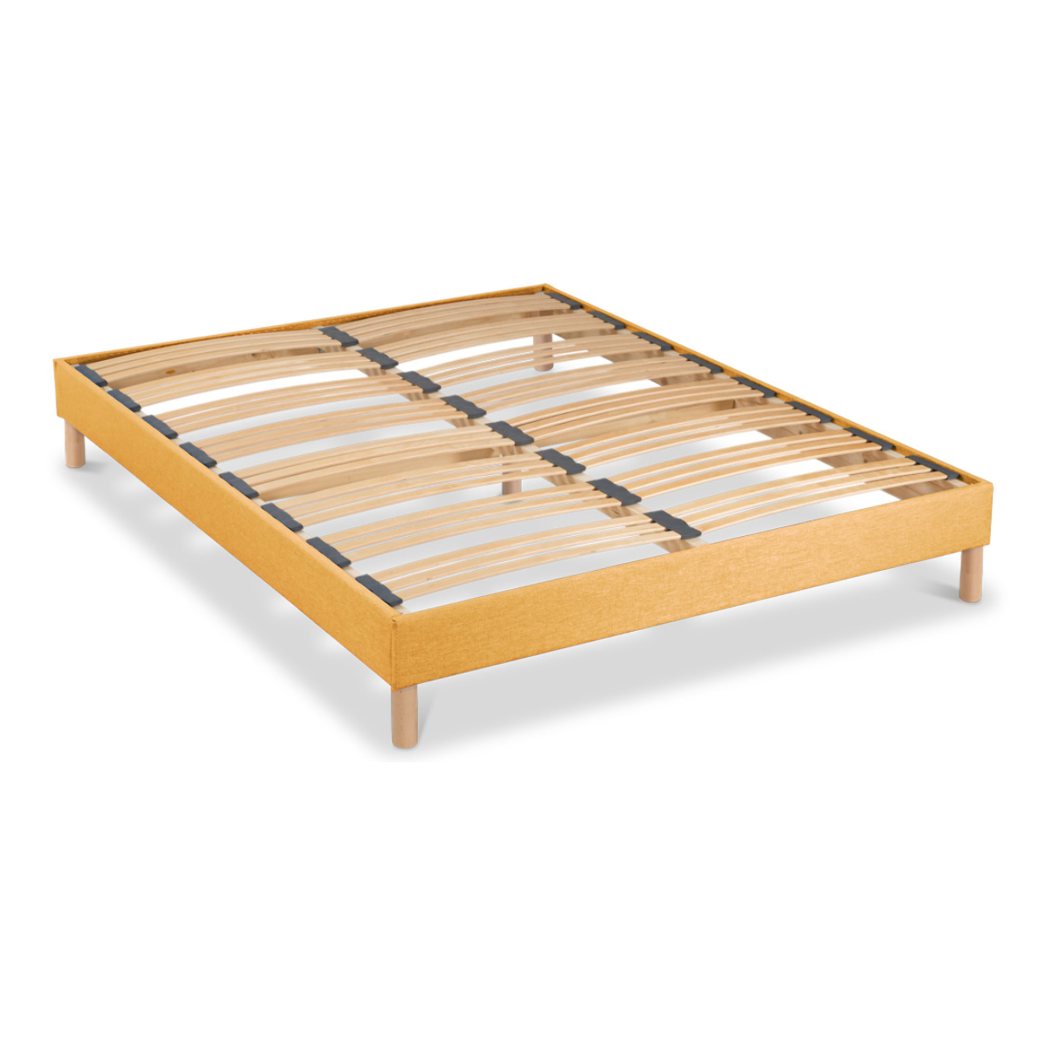 Sommier Lumière Technologie Tri-Lattes, tissu jaune, Bois Épicéa, H30 cm, Lattes Actives, Aération Optimale