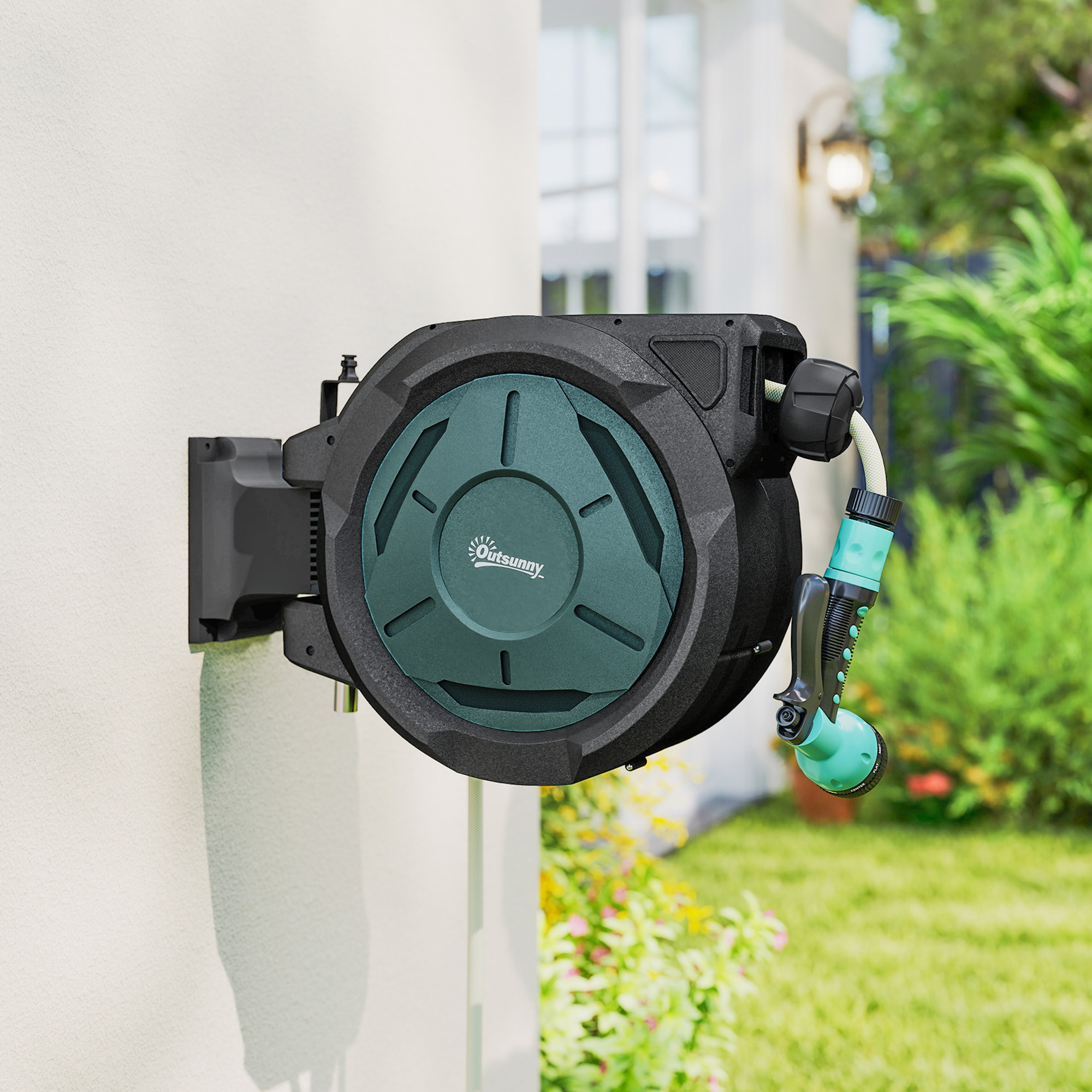 Dévidoir mural enrouleur automatique pivotant 180° tuyau 25+2m avec pistolet arrosage support mural intégré vert noir