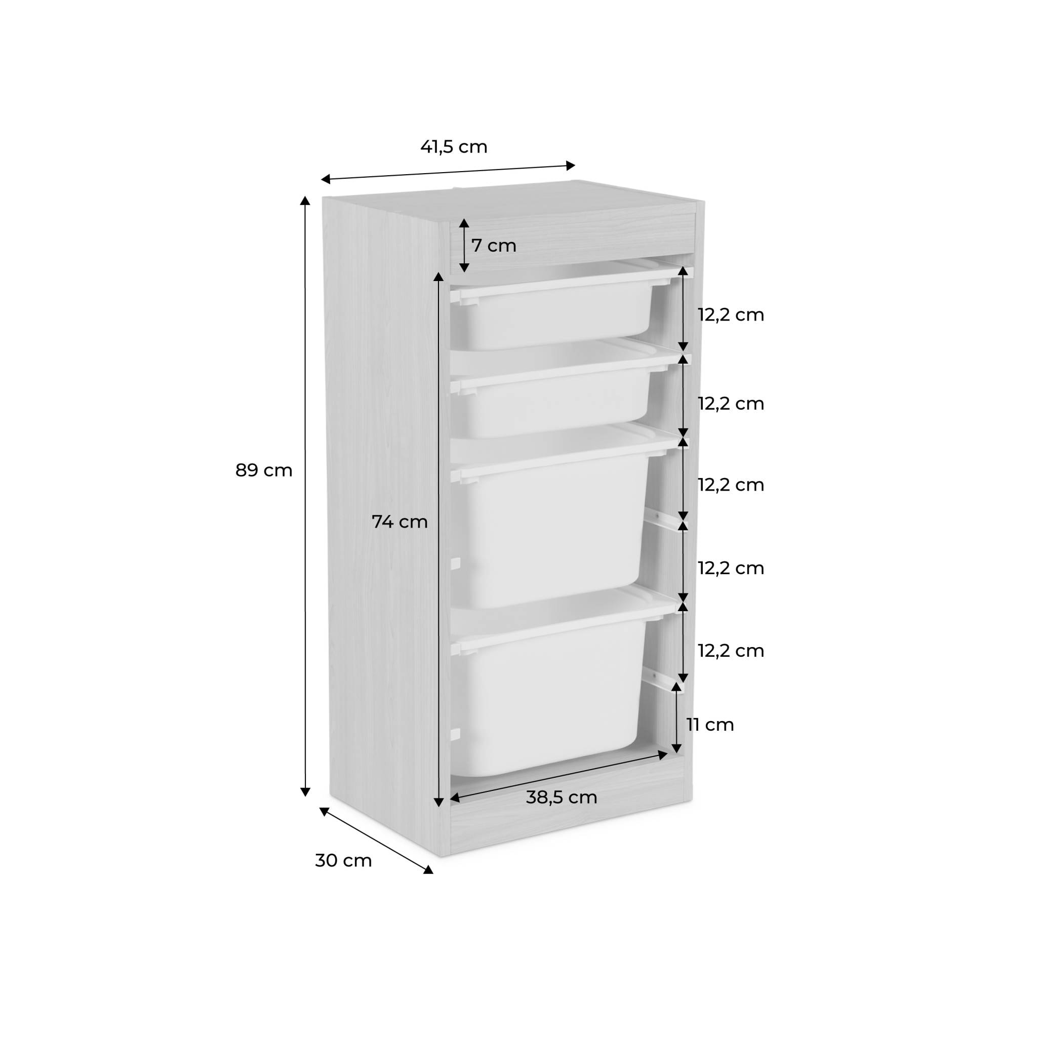 Meuble de rangement enfant 4 bacs de rangement. 41.5 x 30 x 89cm (Lot de 2) blanc