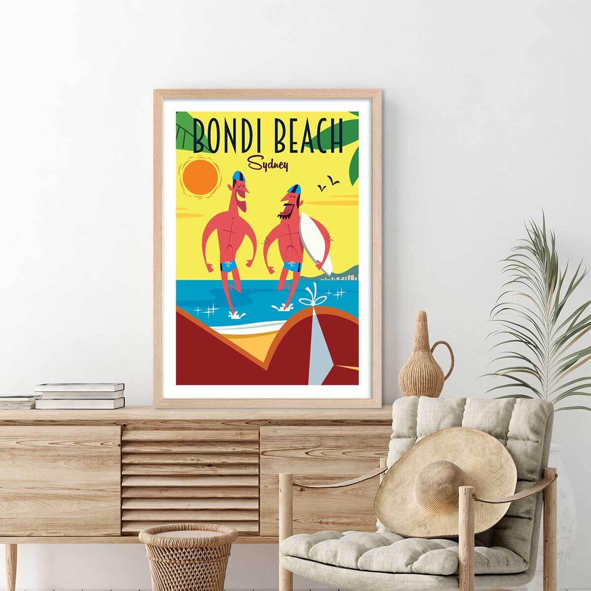 Affiche Surf à Bondi Beach Affiche + cadre en bois - Chêne