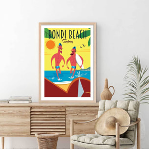 Affiche Surf à Bondi Beach Affiche + cadre en bois - Chêne