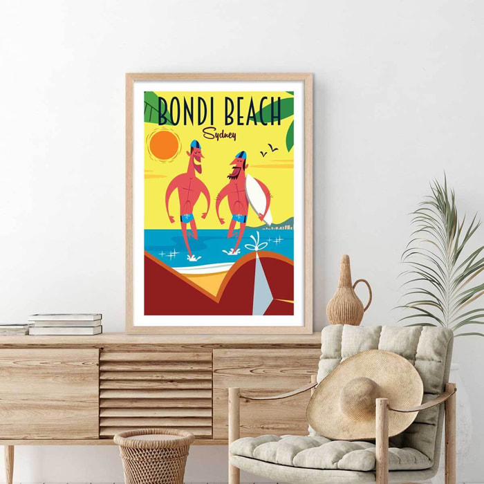Affiche Surf à Bondi Beach Affiche + cadre en bois - Chêne
