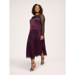 Fiorella Rubino - Vestito slip dress in raso stretch con inserti in tulle e pizzo - Bordeaux