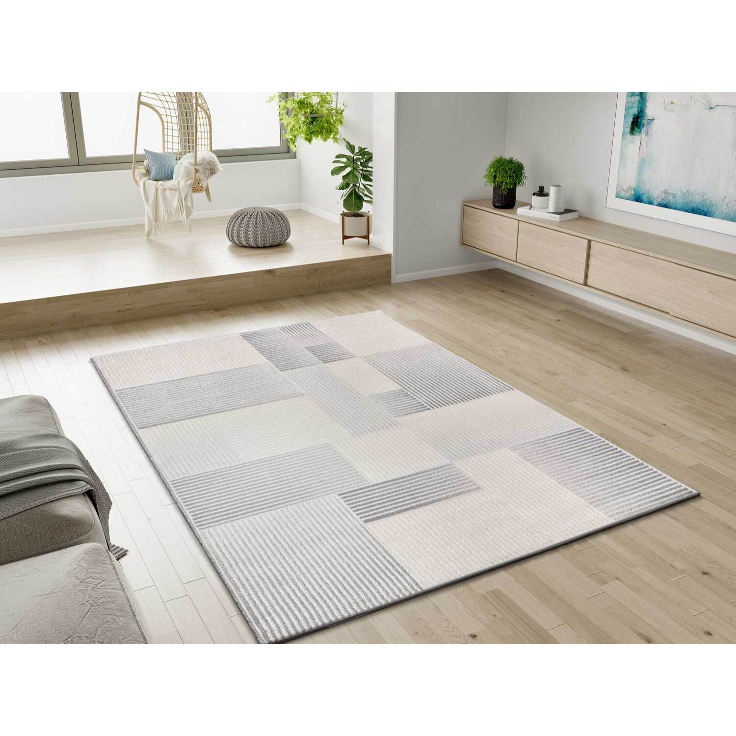 BARESA Alfombra geométrica con relieve en tonos gris y beige, varias medidas disponibles