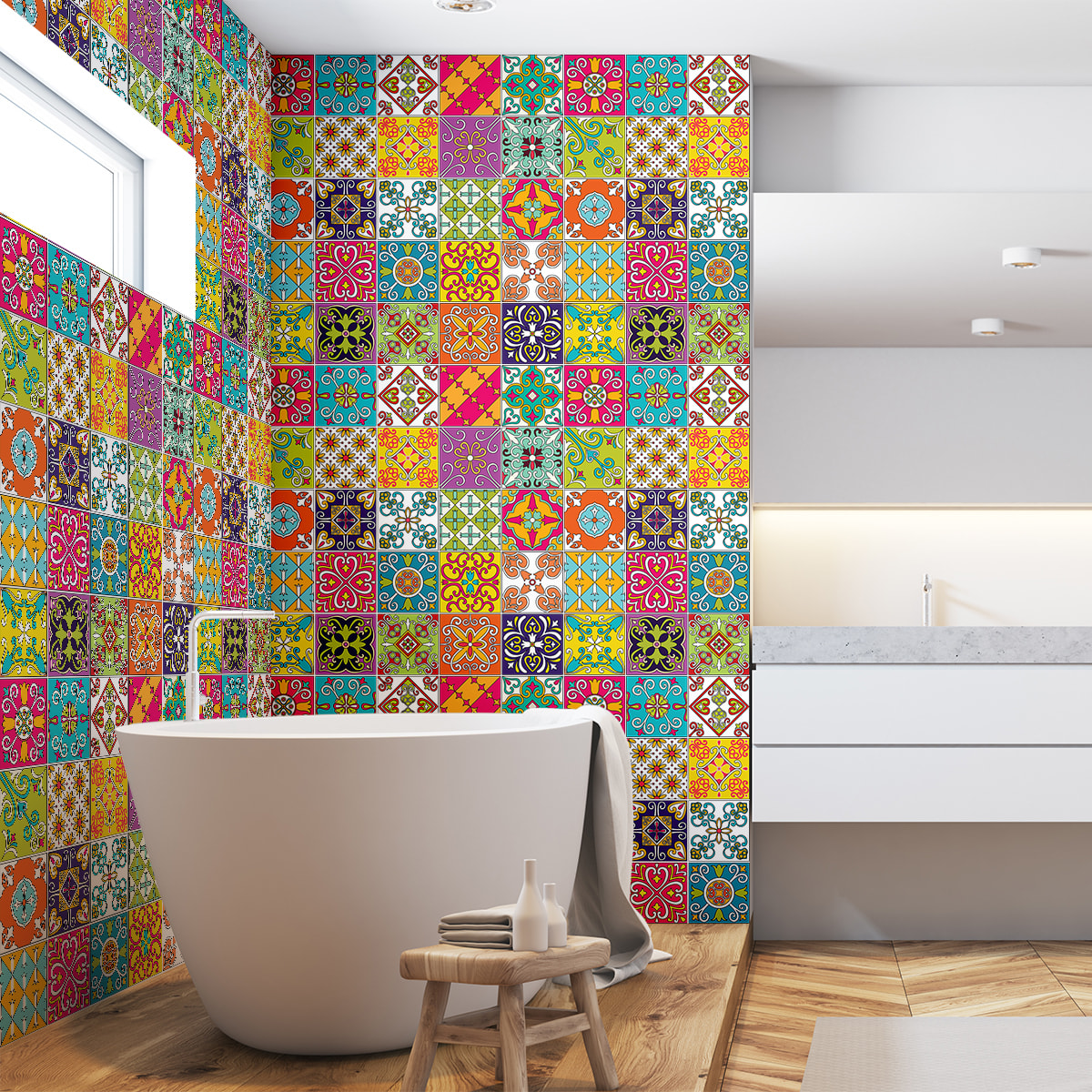 Stickers muraux - Sticker Mural Carrelage adhésif Cuisine Salle de Bain - 60 STICKERS CARREAUX DE CIMENT AZULEJOS NICOLO