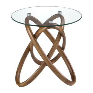 Mesa rincón Angel Cerdá redonda con tapa de cristal templado y patas de madera en nogal 55x55x50cm