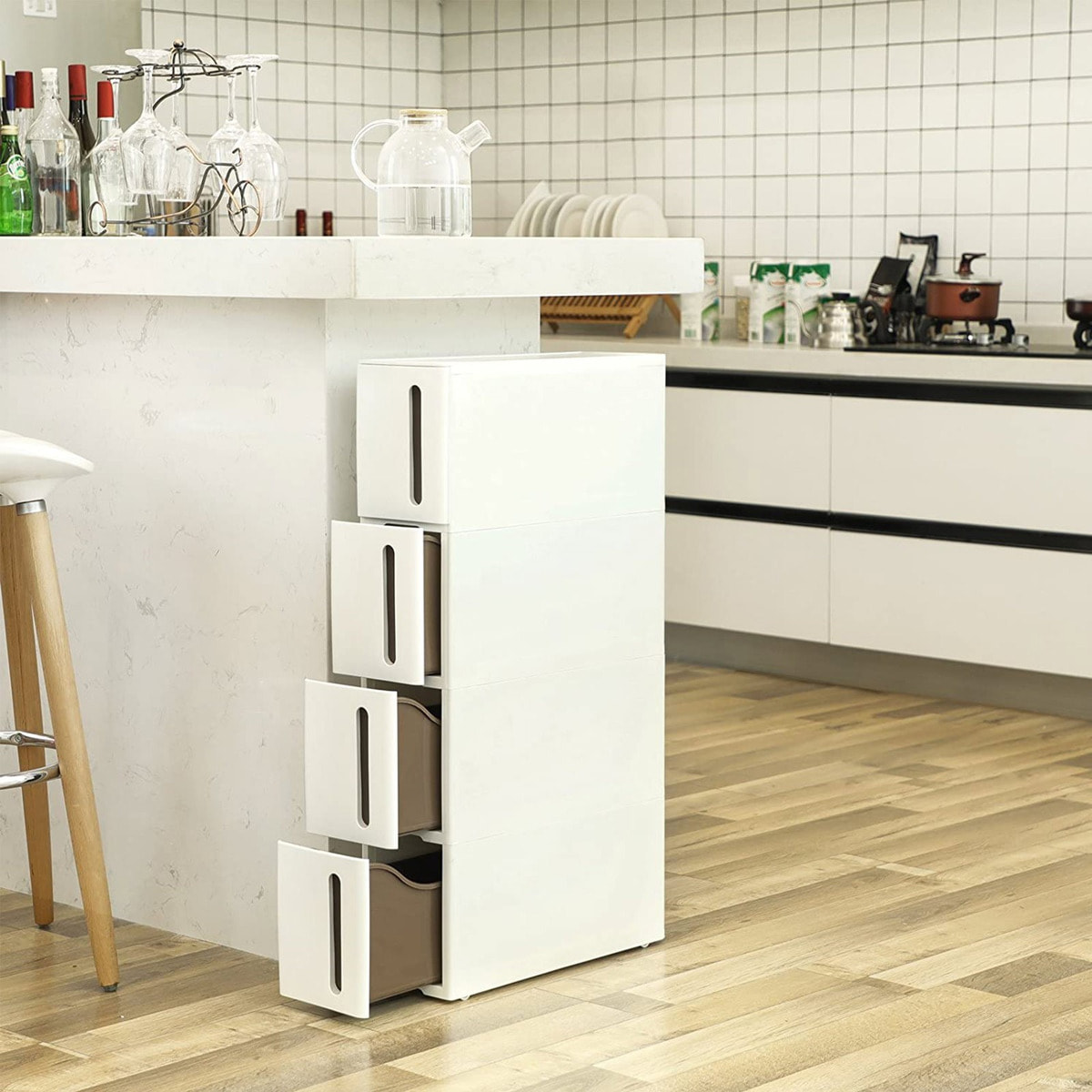 Carrello salvaspazio slim con 4 cassetti bianco e marrone