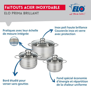 Ensemble de 3 Poêles de cuisson 20, 24 et 28 cm et 3 faitouts 14, 16 et 20 cm Elo Prima Brillant