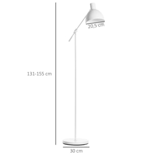 Lámpara de Pie Industrial Casquillo E27 Máx. 40W Lámpara de Lectura de Pie con Brazo Oscilante Altura Ajustable Pantalla Giratorio 90° para Salón Dormitorio Oficina Ø30x131-155 cm Blanco