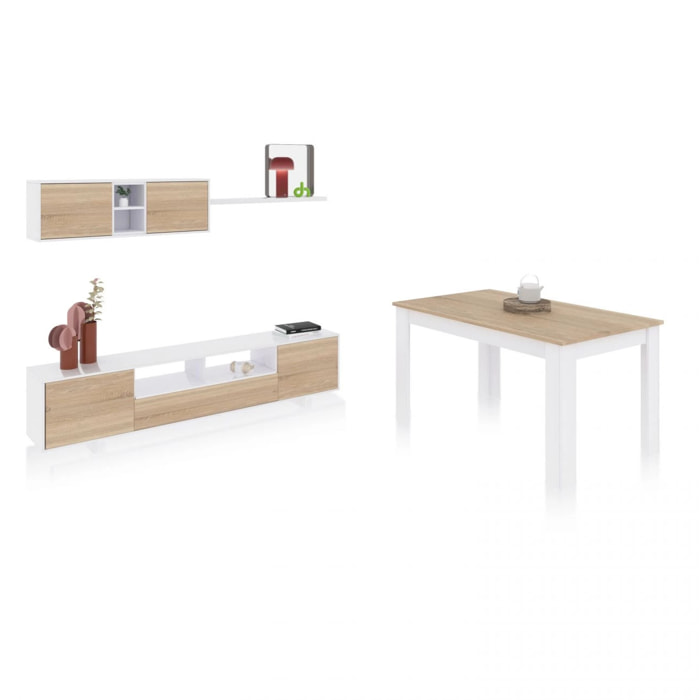 Pack salón con mesa de comedor Kenzo Plus VB Blanco Artik (Blanco Mate) - Roble Canadian