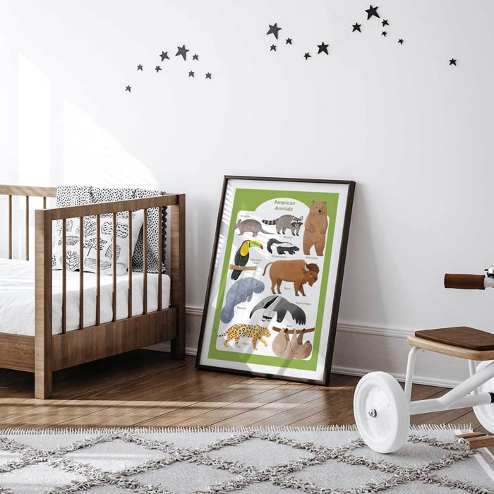 Affiche enfant animaux d'amérique  Affiche + cadre en bois - Noir