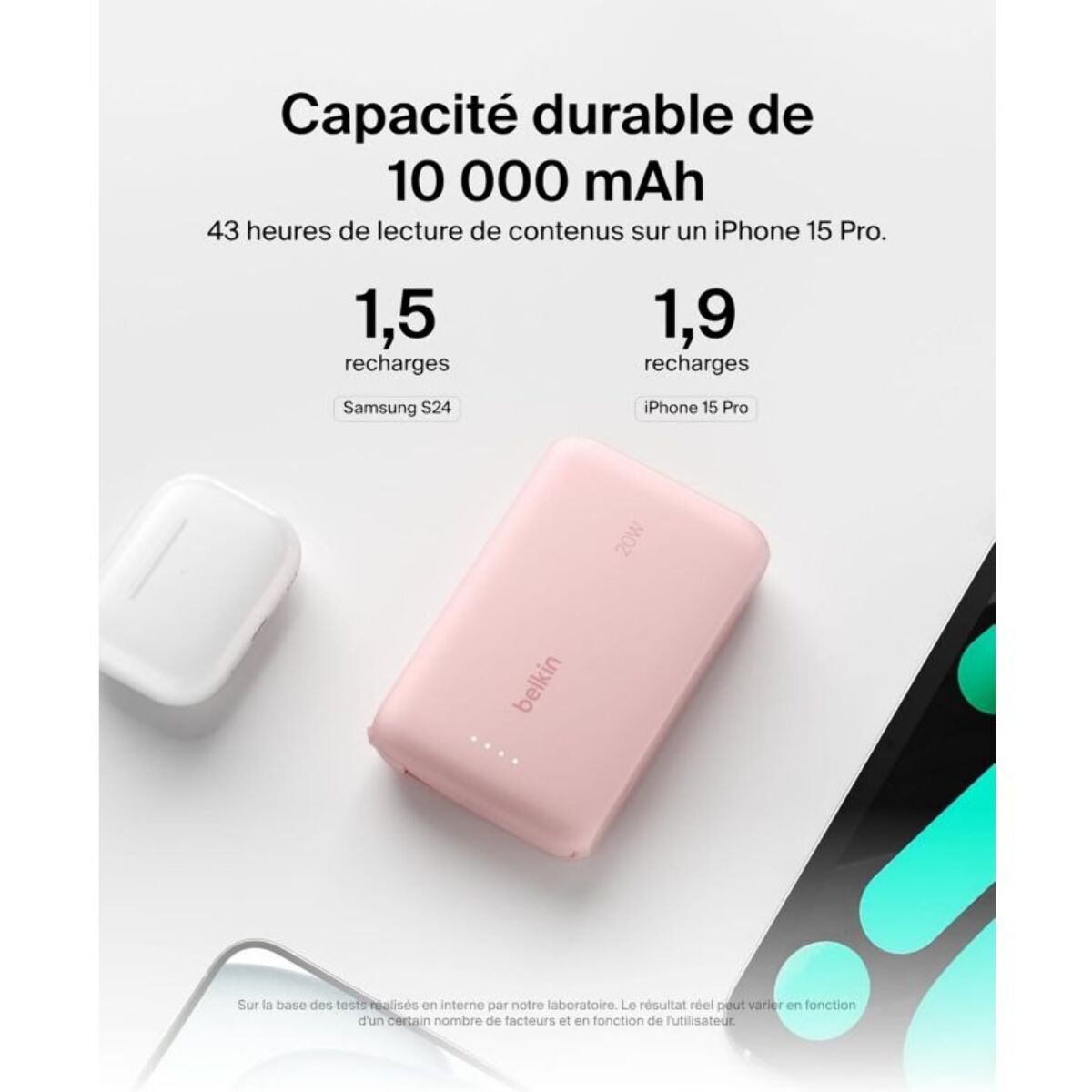 Batterie externe BELKIN 10000 mAh avec cable USB-C intégre pink