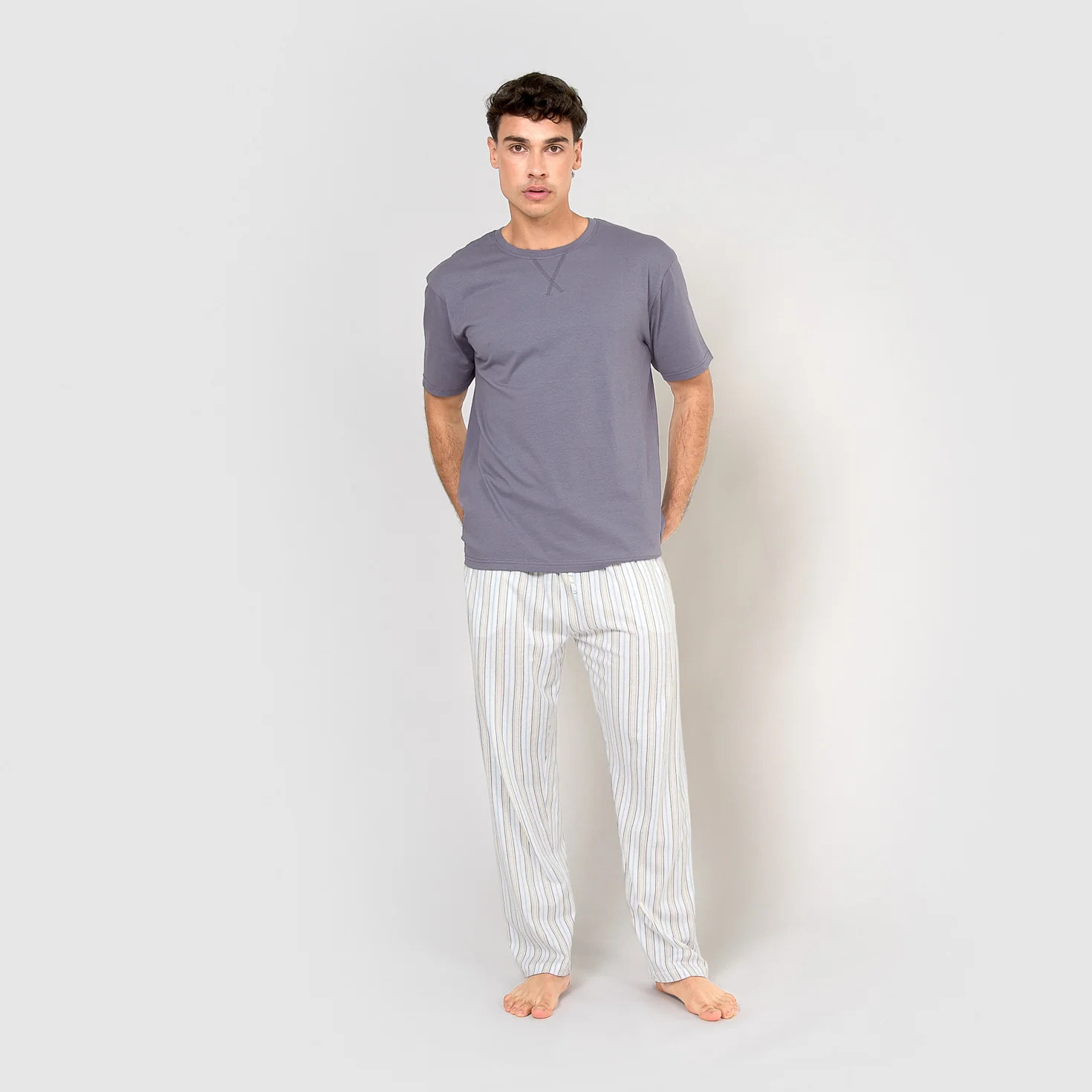 Pijama largo de algodón manga corta raya bill índigo