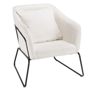 AGATHE - Fauteuil tissu bouclette blanc pieds évasés métal noir
