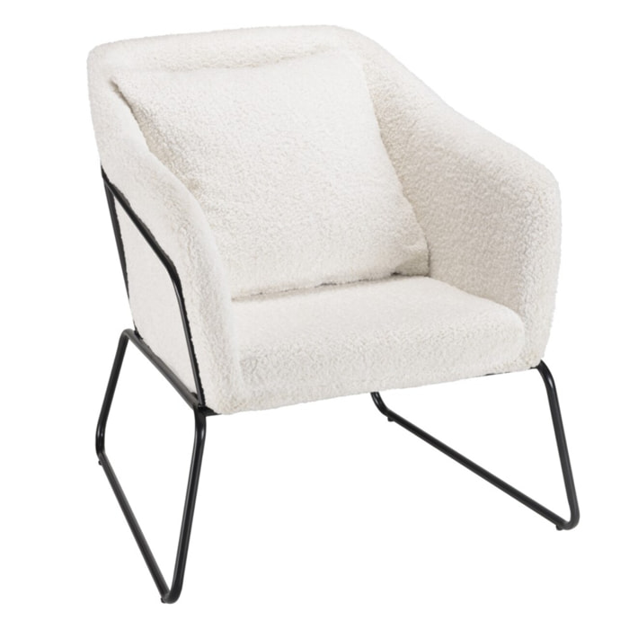 AGATHE - Fauteuil tissu bouclette blanc pieds évasés métal noir