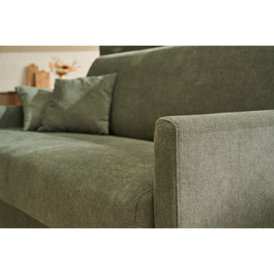 Canapé convertible 3 places en tissu chenille vert foncé et bois clair avec matelas 18 cm SKANDY