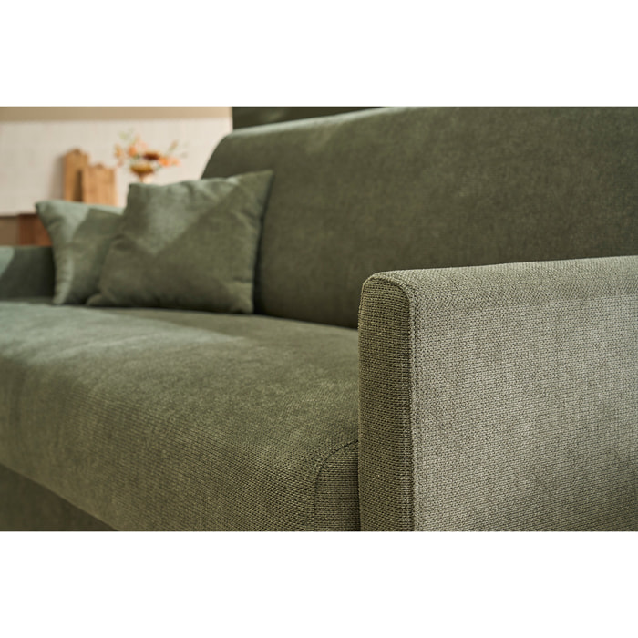 Canapé convertible 3 places en tissu chenille vert foncé et bois clair avec matelas 18 cm SKANDY
