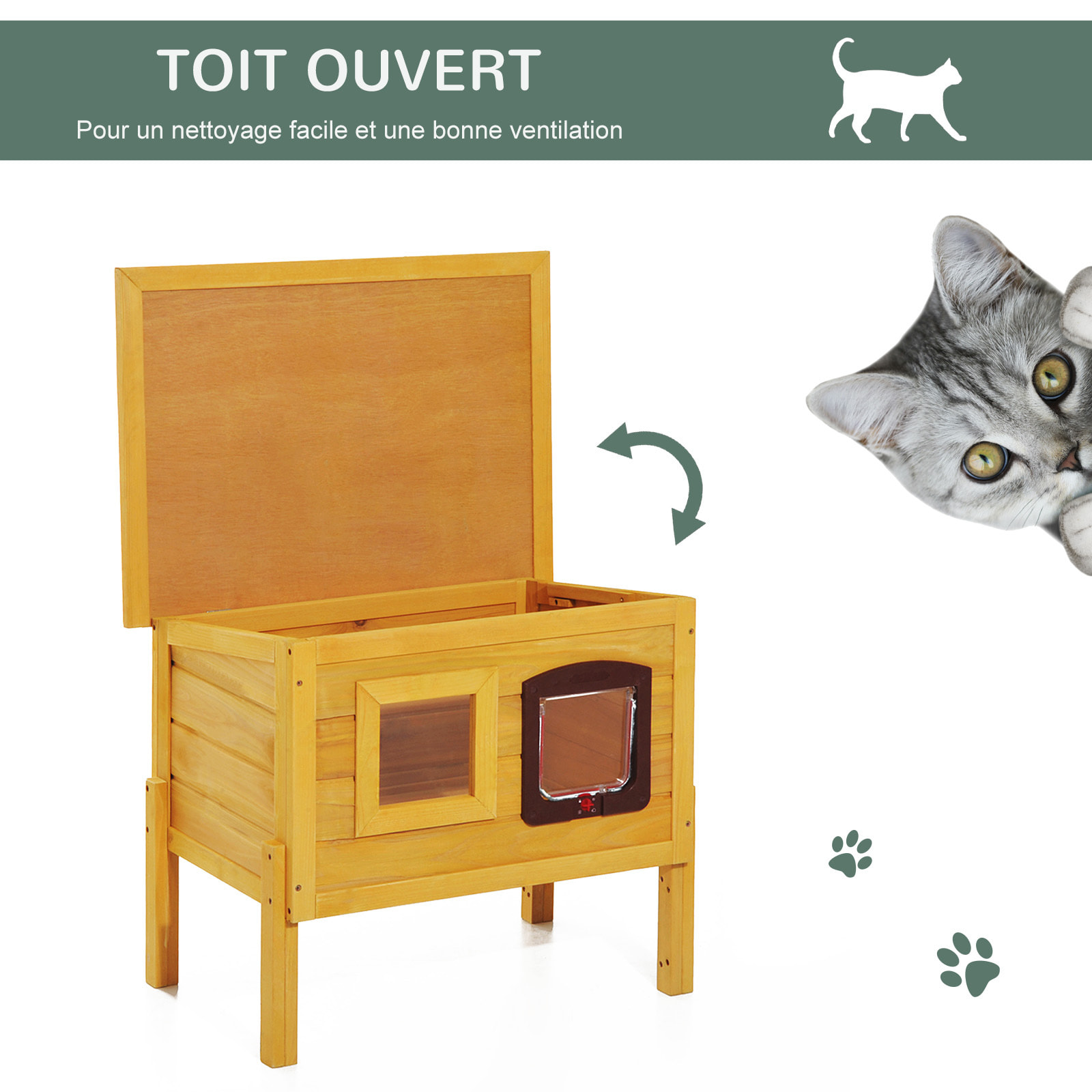 Maison niche pour chat sur pied toit bitumé ouvrant porte fenêtre bois verni