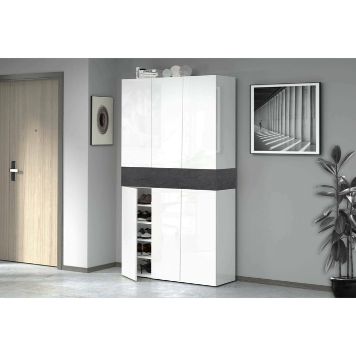 Scarpiera Charoite, Porta scarpe salvaspazio a 7 ante, Armadio multifunzione da ingresso, 114x35h200 cm, Bianco e Ardesia